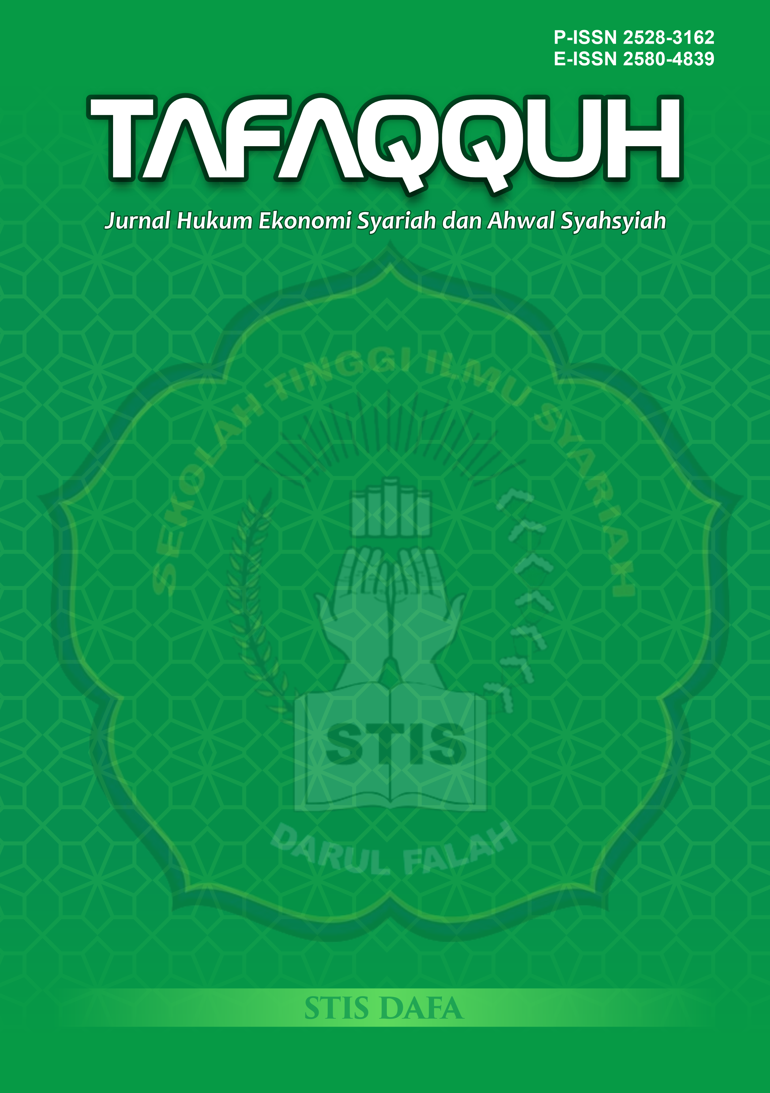 					View Vol. 11 No. 1 (2026): Tafaqquh : Jurnal Hukum Ekonomi Syariah dan Ahwal Syahsiyah (In Progress)
				
